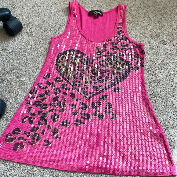 Almost famous sequin long tank top fuchsia pink black gold size M very nice - Picture 1 of 10